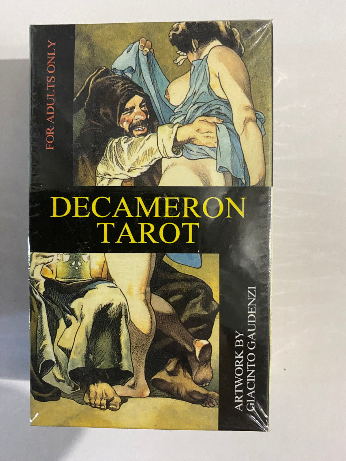 Decameron Tarot card deck packaging with artwork and text on a white background