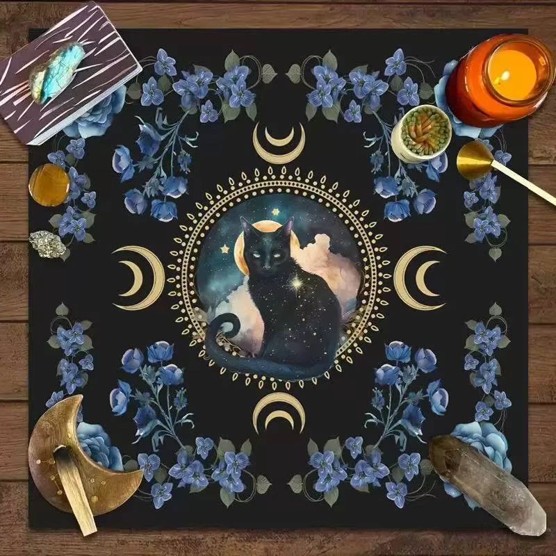Cosmic Black Cat Tarot Cloth - Triple Moon & Blue Florals