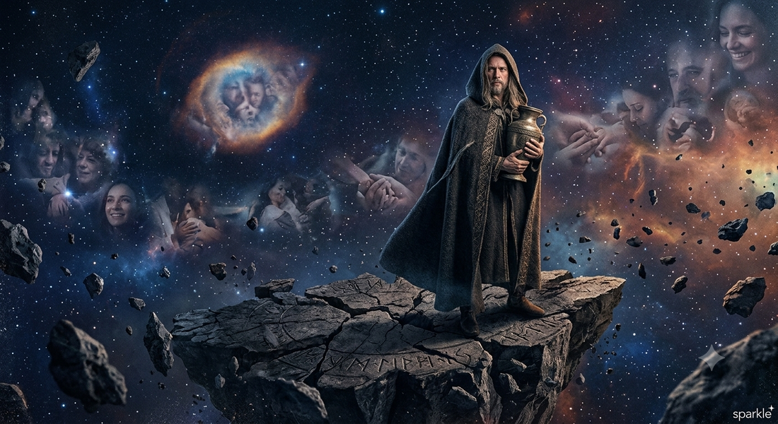 Alchemist standing on a rock in space 