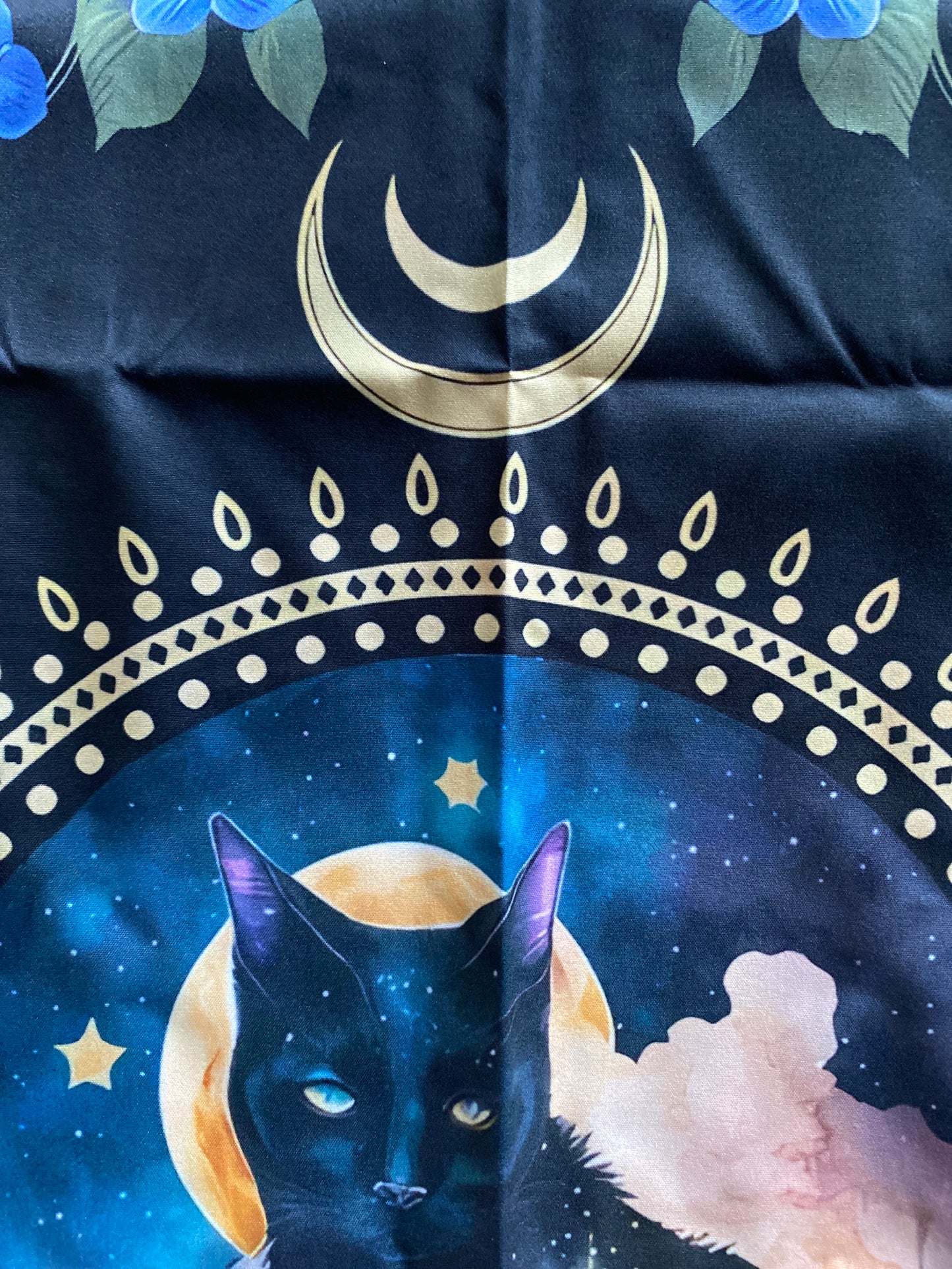 Cosmic Black Cat Tarot Cloth - Triple Moon & Blue Florals