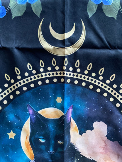 Cosmic Black Cat Tarot Cloth - Triple Moon & Blue Florals