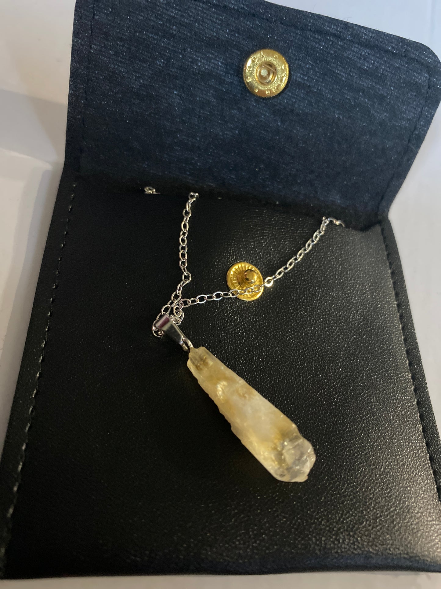Citrine Raw Cut Pear Necklace – Silver Plated Chain with Pouch