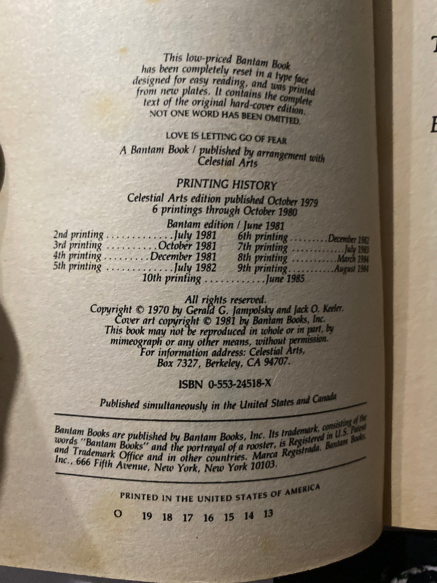 Love Is Letting Go of Fear by Gerald Jampolsky 1984 book