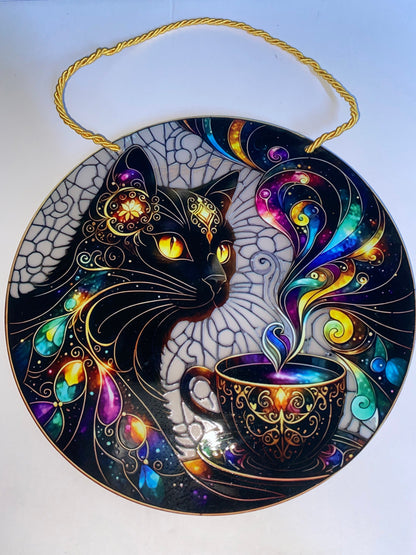 Mystical Cat Suncatcher – Art Deco Stained Glass Round Window Hanging