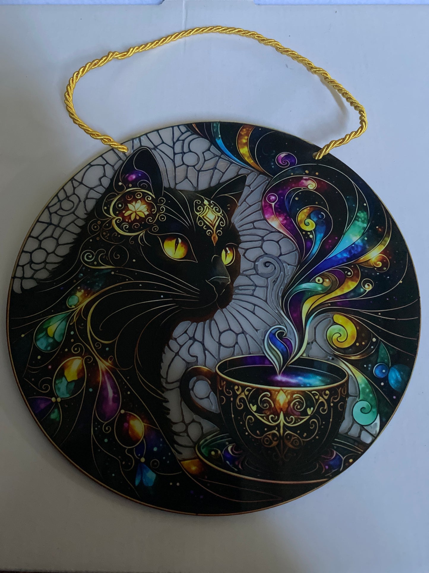 Mystical Cat Suncatcher – Art Deco Stained Glass Round Window Hanging