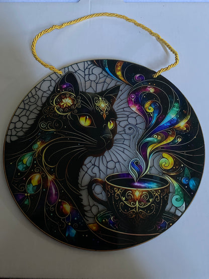 Mystical Cat Suncatcher – Art Deco Stained Glass Round Window Hanging