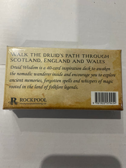 The back of the Rockpool Druid Wisdom card deck box, showing product description text, a barcode, and the Rockpool logo on a light gray background.