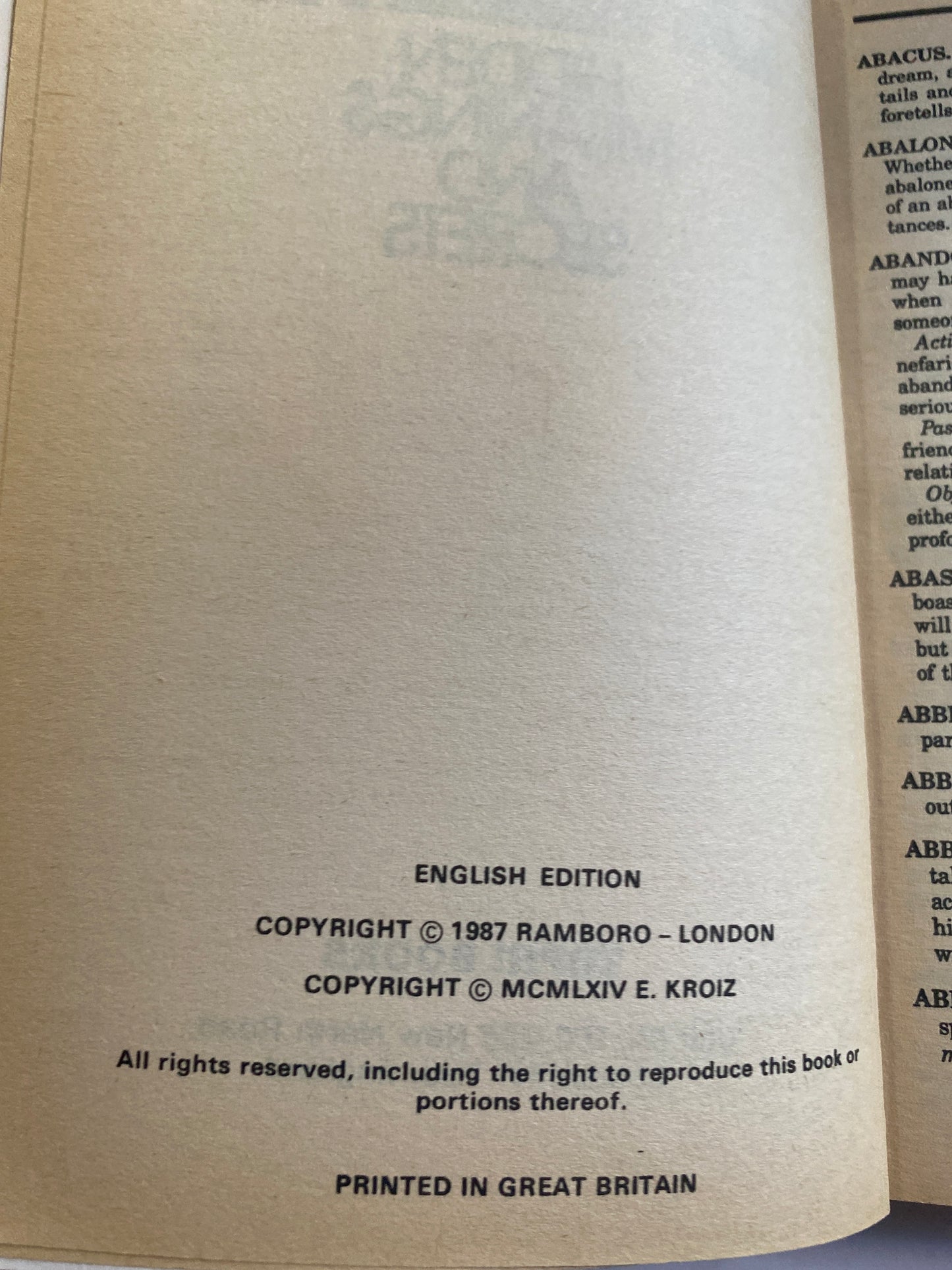 Dreams: Hidden Meanings and Secrets by E. Kroiz Vintage 1987 Printed in Great Britain