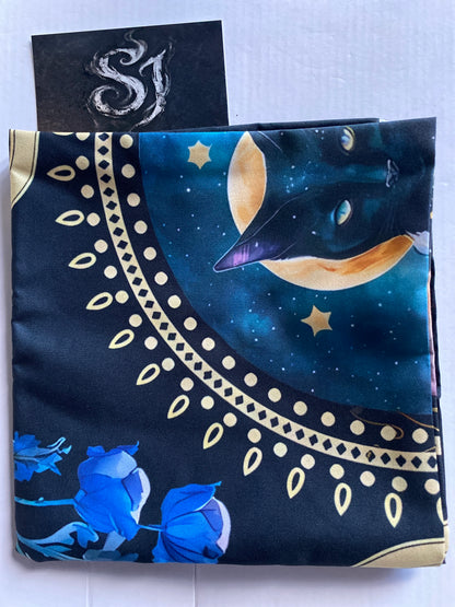 Cosmic Black Cat Tarot Cloth - Triple Moon & Blue Florals