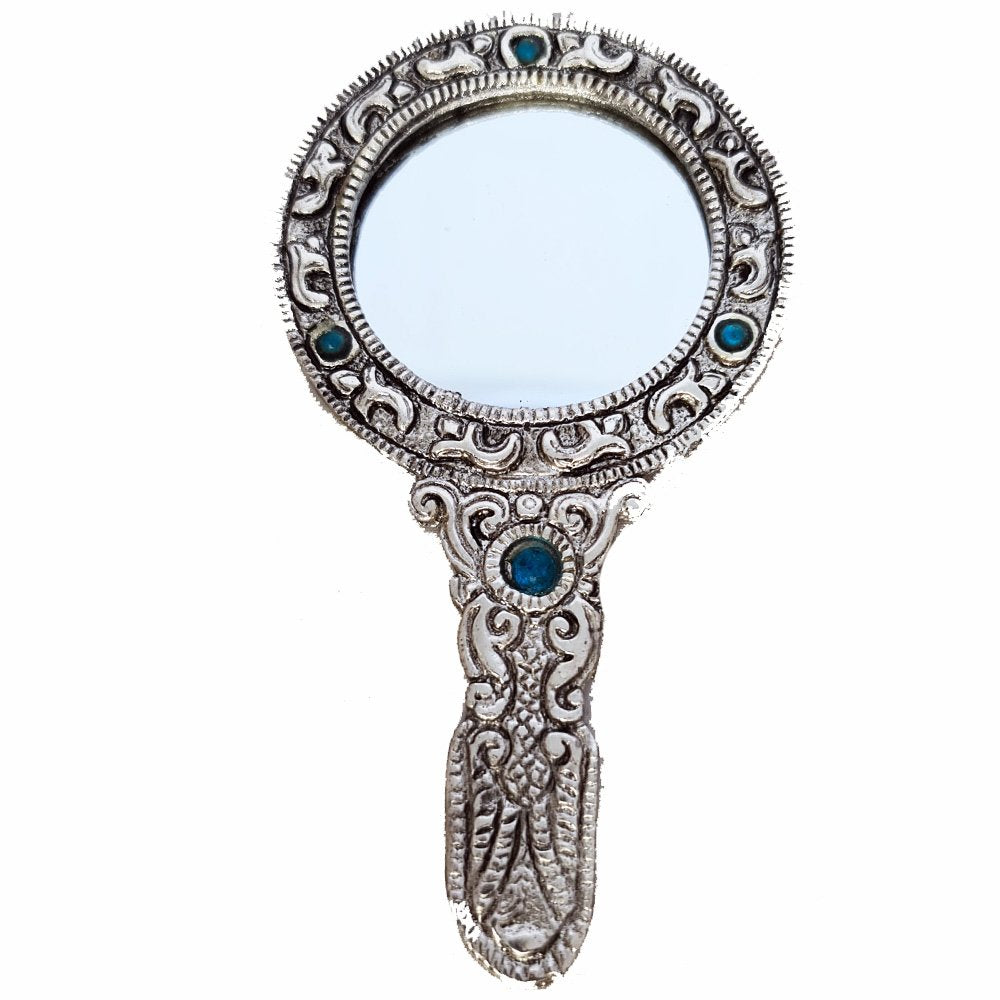 Ornate Silver Filigree Hand Mirror with Turquoise Cabochons Dark Acadamia