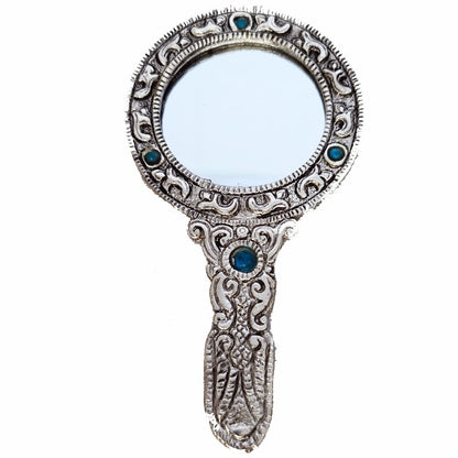 Ornate Silver Filigree Hand Mirror with Turquoise Cabochons Dark Acadamia