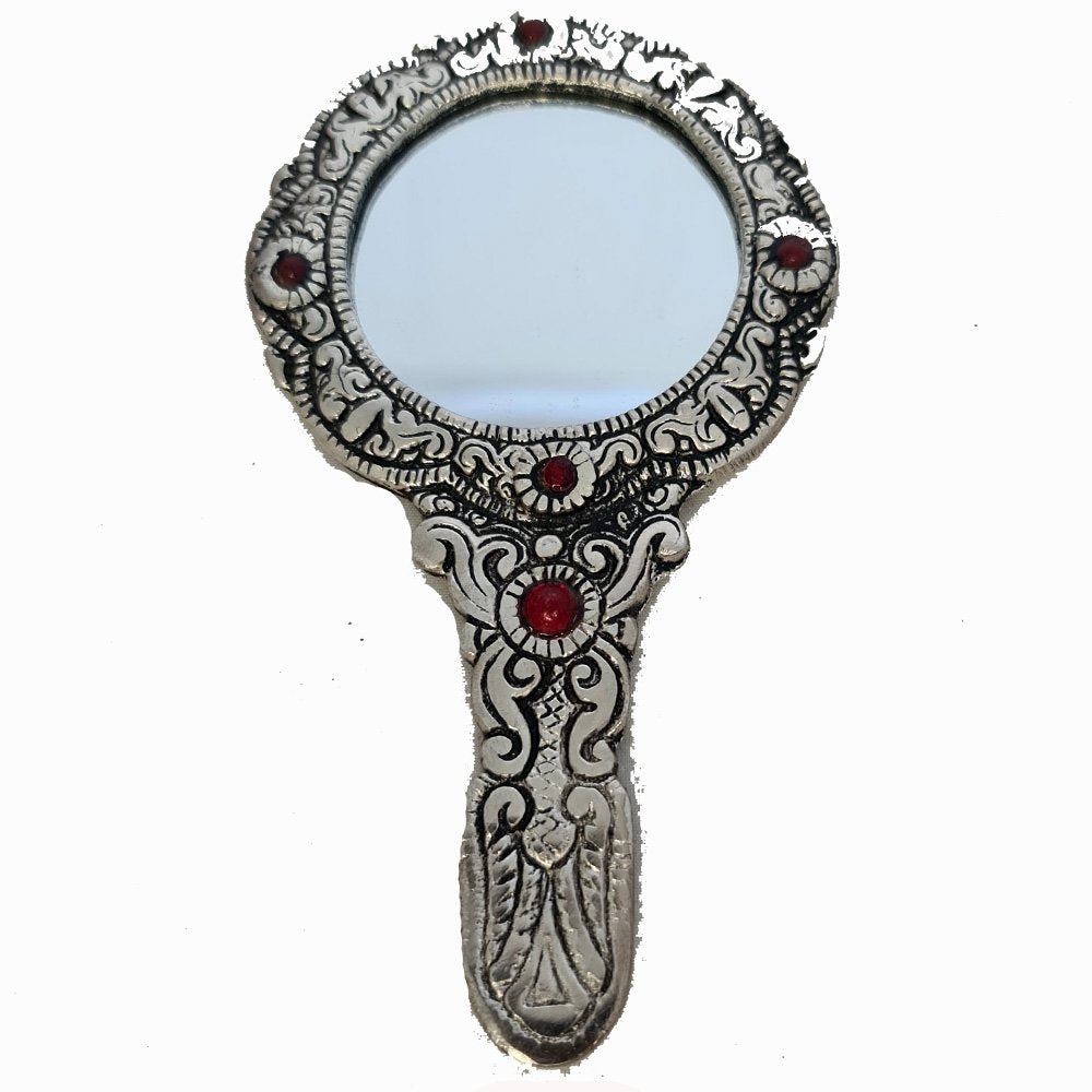 Ornate Silver Filigree Hand Mirror with Red Cabochons Gothic Mirror