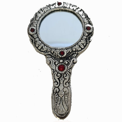 Ornate Silver Filigree Hand Mirror with Red Cabochons Gothic Mirror