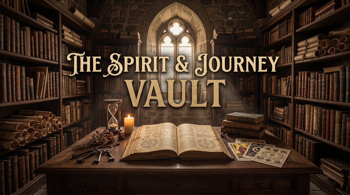A fantasy-style title card reading 'The Spirit & Journey Vault' over a dimly lit library scene with bookshelves, an open ancient book on a wooden table, candles, and scrolls.