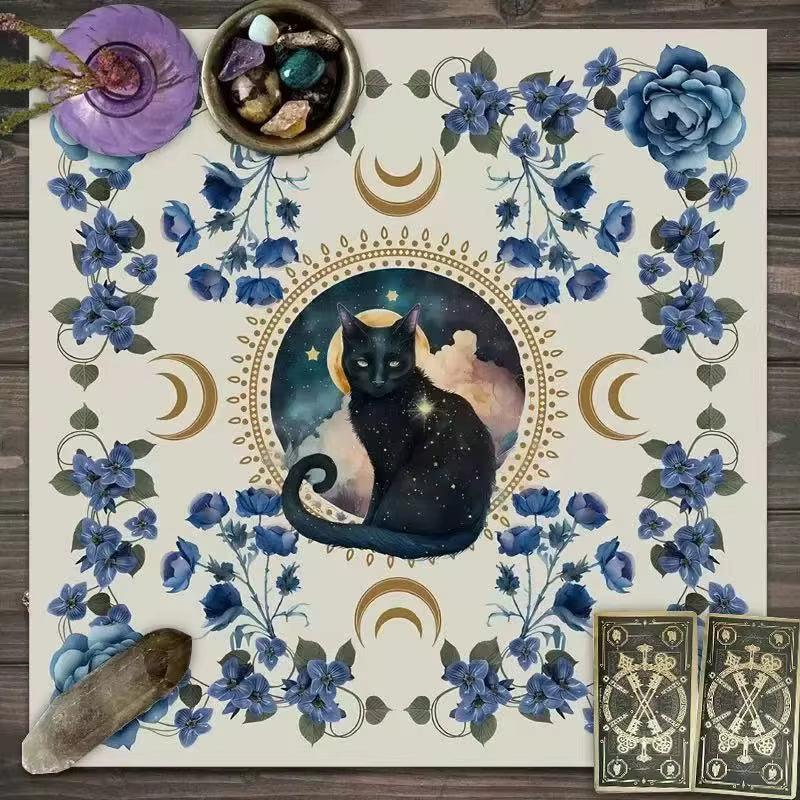 Mystical Black Cat Tarot Cloth - Blue Floral Garden