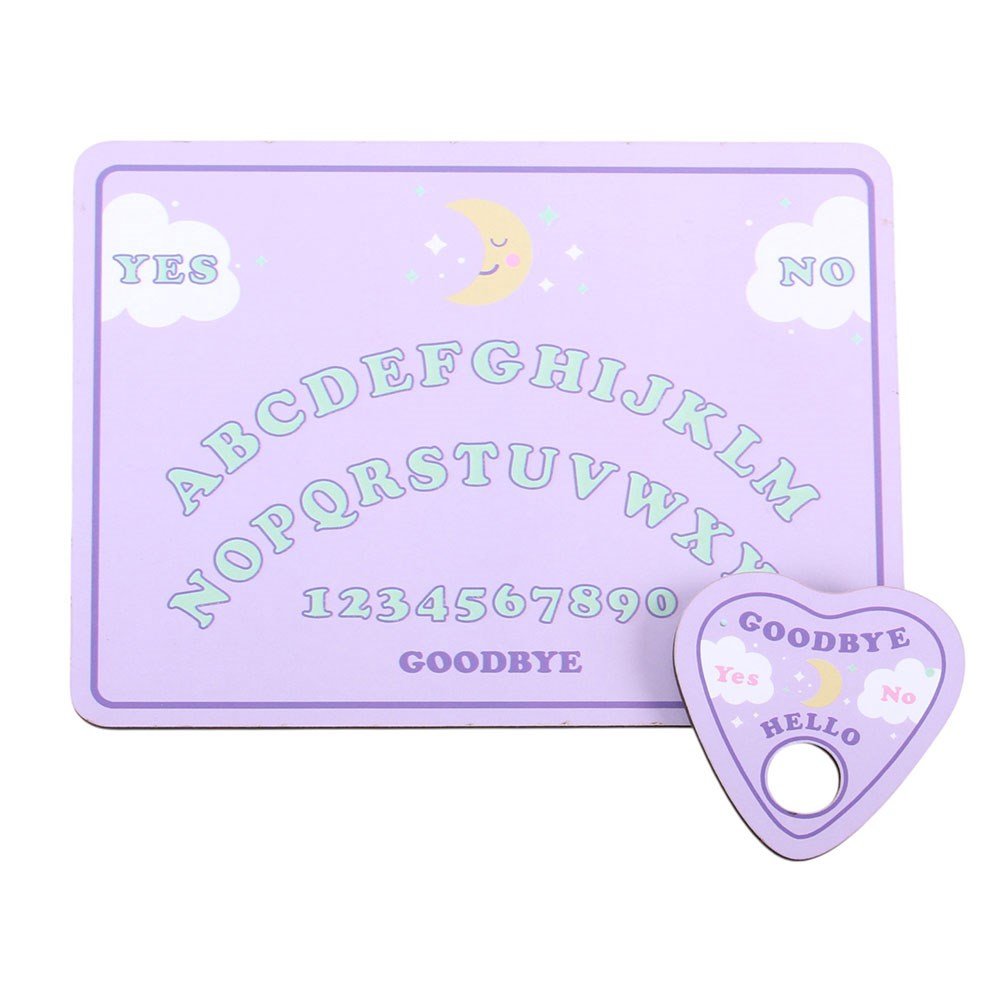 A lavender purple goodbye ouija board set with a rectangular board featuring alphabet letters, numbers, and yes/no clouds, alongside a matching heart-shaped tray.