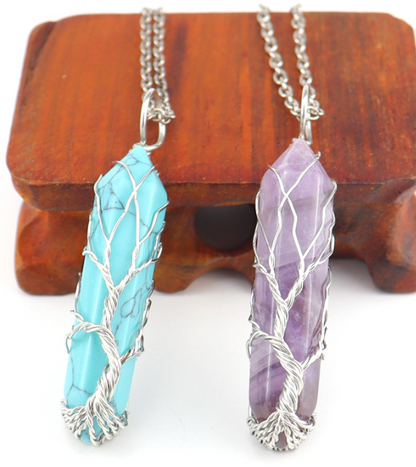 Natural Gemstone Tree of Life Crystal Pendant Necklace