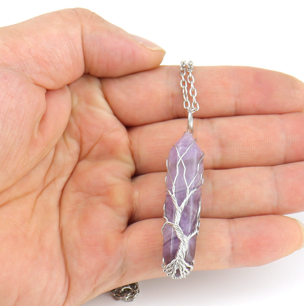 Natural Gemstone Tree of Life Crystal Pendant Necklace
