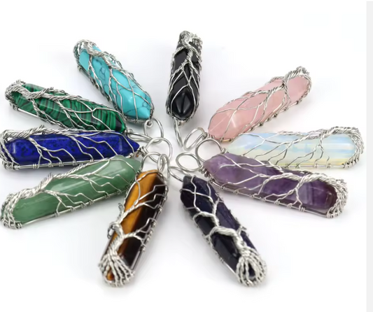 Natural Gemstone Tree of Life Crystal Pendant Necklace