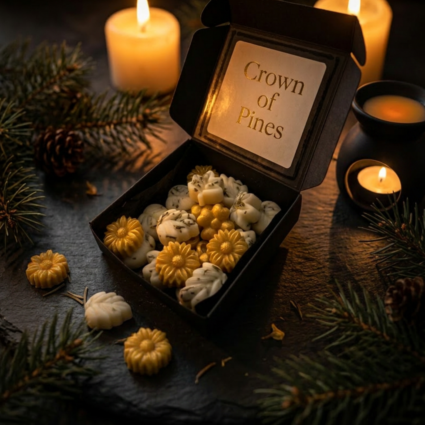 CROWN OF PINES Luxury Botanical Wax Melts made of coconut-soy wax and pure beeswax