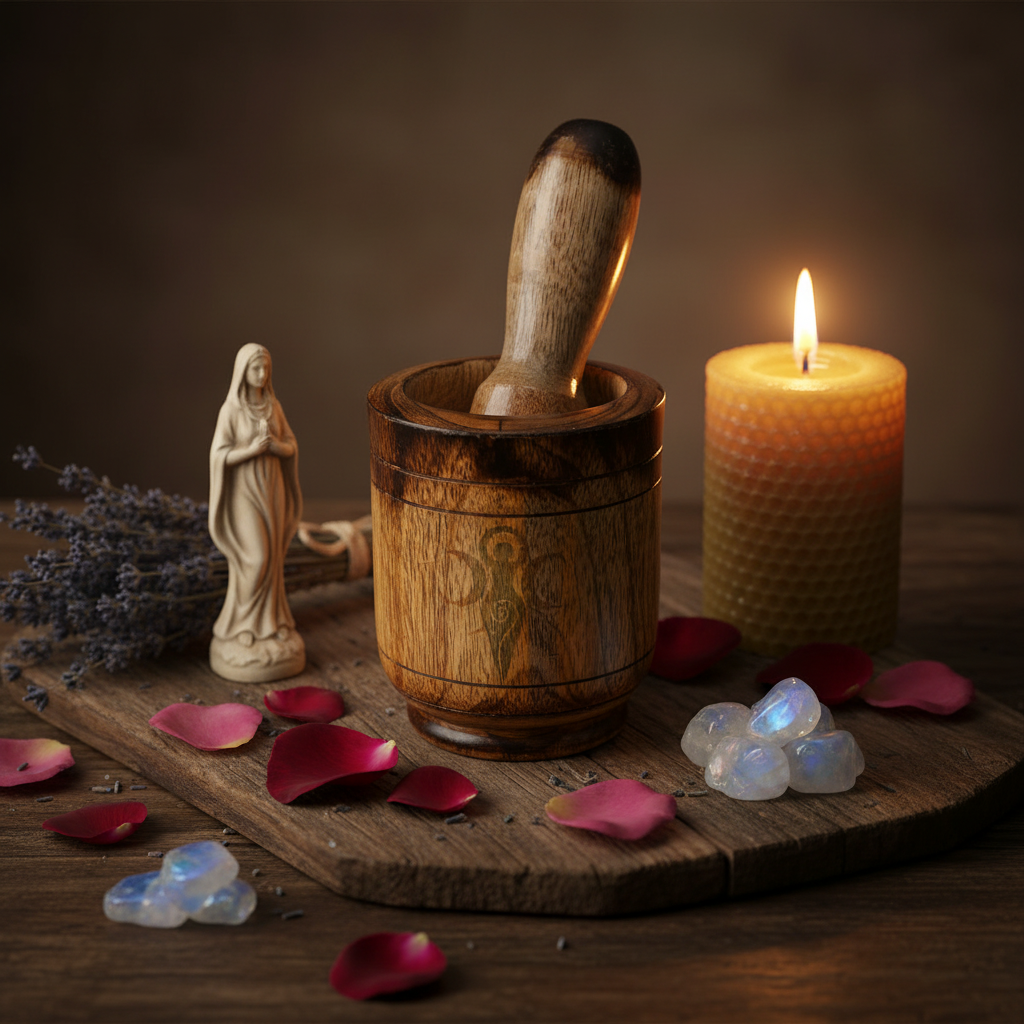 Goddess Wooden Mortar & Pestle Mockup - Altar