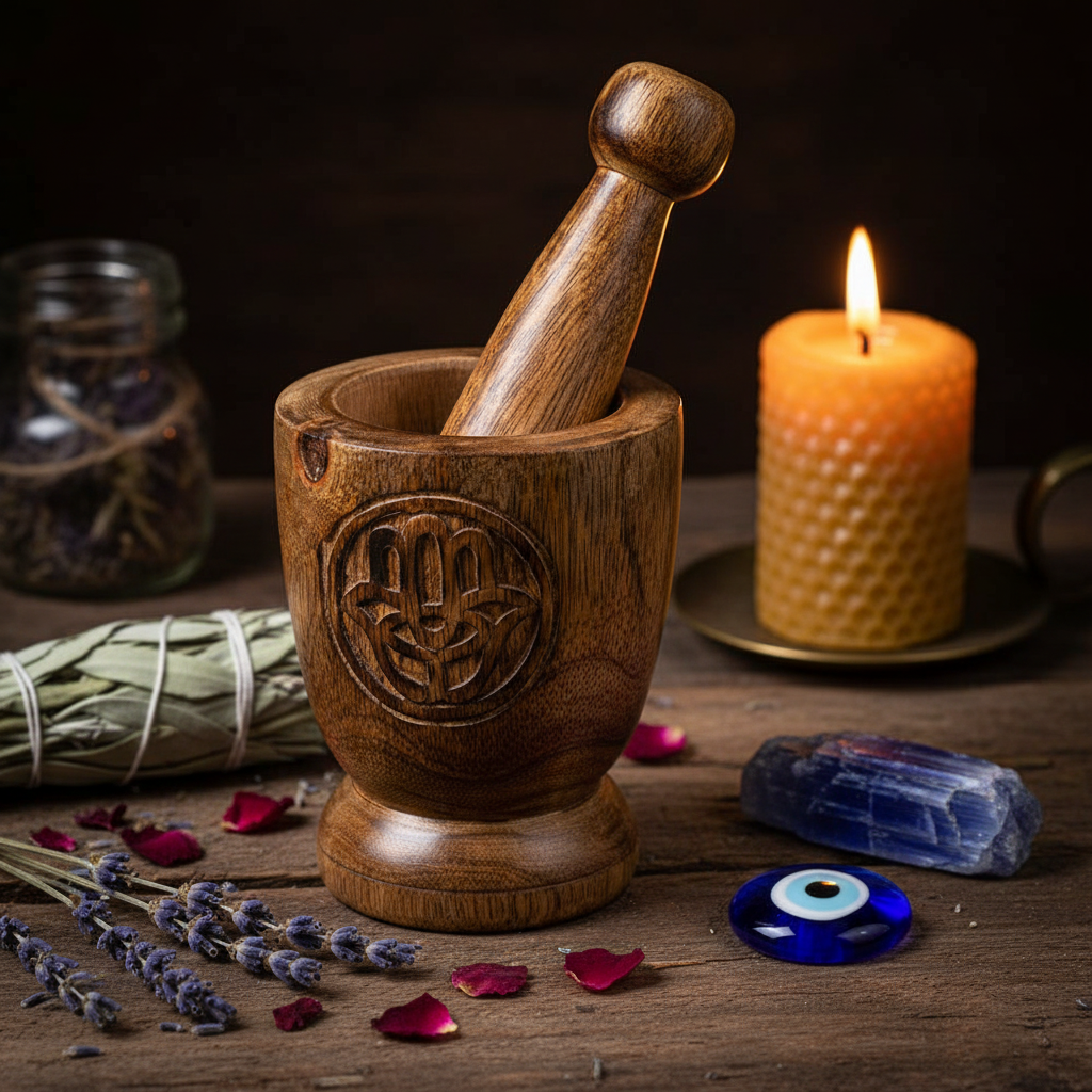 Hamsa Wooden Mortar & Pestle Mockup - Styled