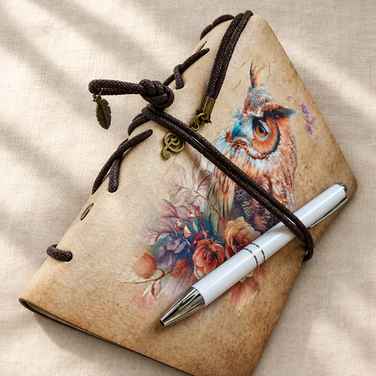Owl and floral wrap journal with included white pen on a warm linen background