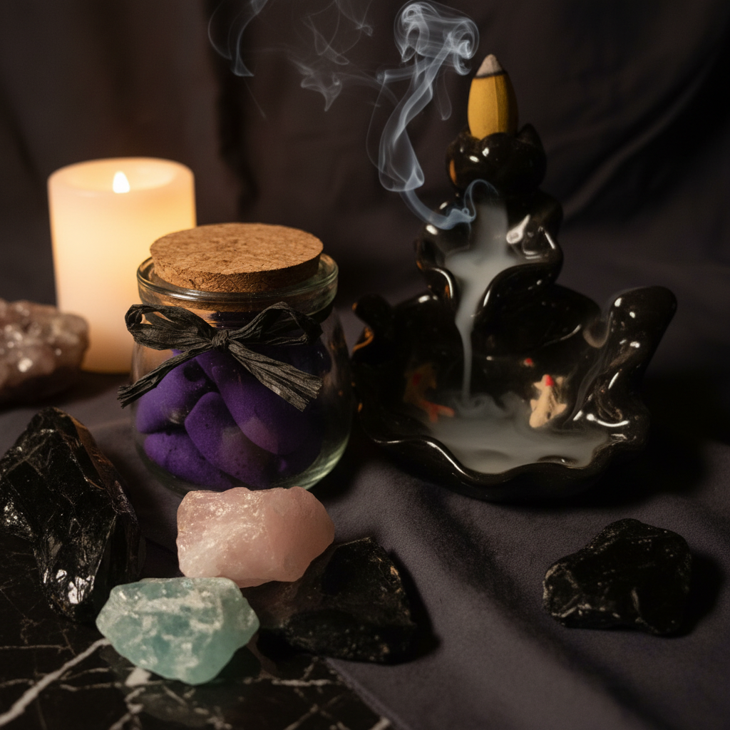 Purple backflow incense cones in glass jar with cork lid and black ceramic backflow burner styled with crystals and candlelight