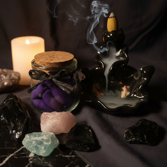 Purple backflow incense cones in glass jar with cork lid and black ceramic backflow burner styled with crystals and candlelight