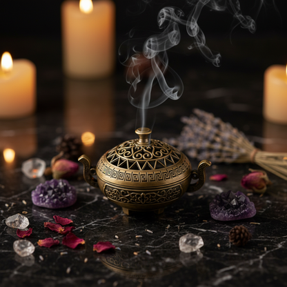 Miniature ornate brass Chinese incense burner with filigree lid styled with candlelight, smoke wisps and crystals