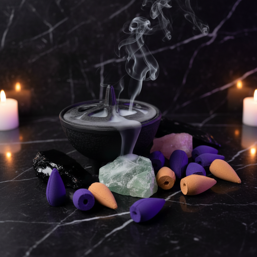 Cast iron cauldron backflow incense burner with pentagram lid, purple and amber incense cones and raw crystals styled with moody candlelight