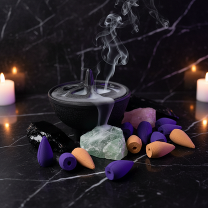 Cast iron cauldron backflow incense burner with pentagram lid, purple and amber incense cones and raw crystals styled with moody candlelight