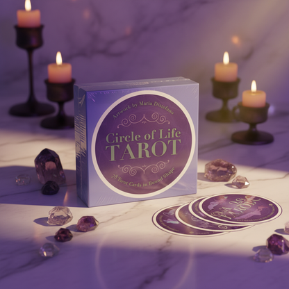 Circle of Life Tarot 78-card round tarot deck styled on marble with crystals and candlelight