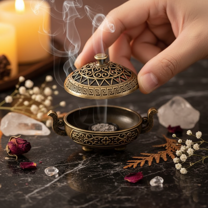 Miniature ornate brass Chinese incense burner shown open with lid lifted, styled with candlelight, smoke wisps and crystals