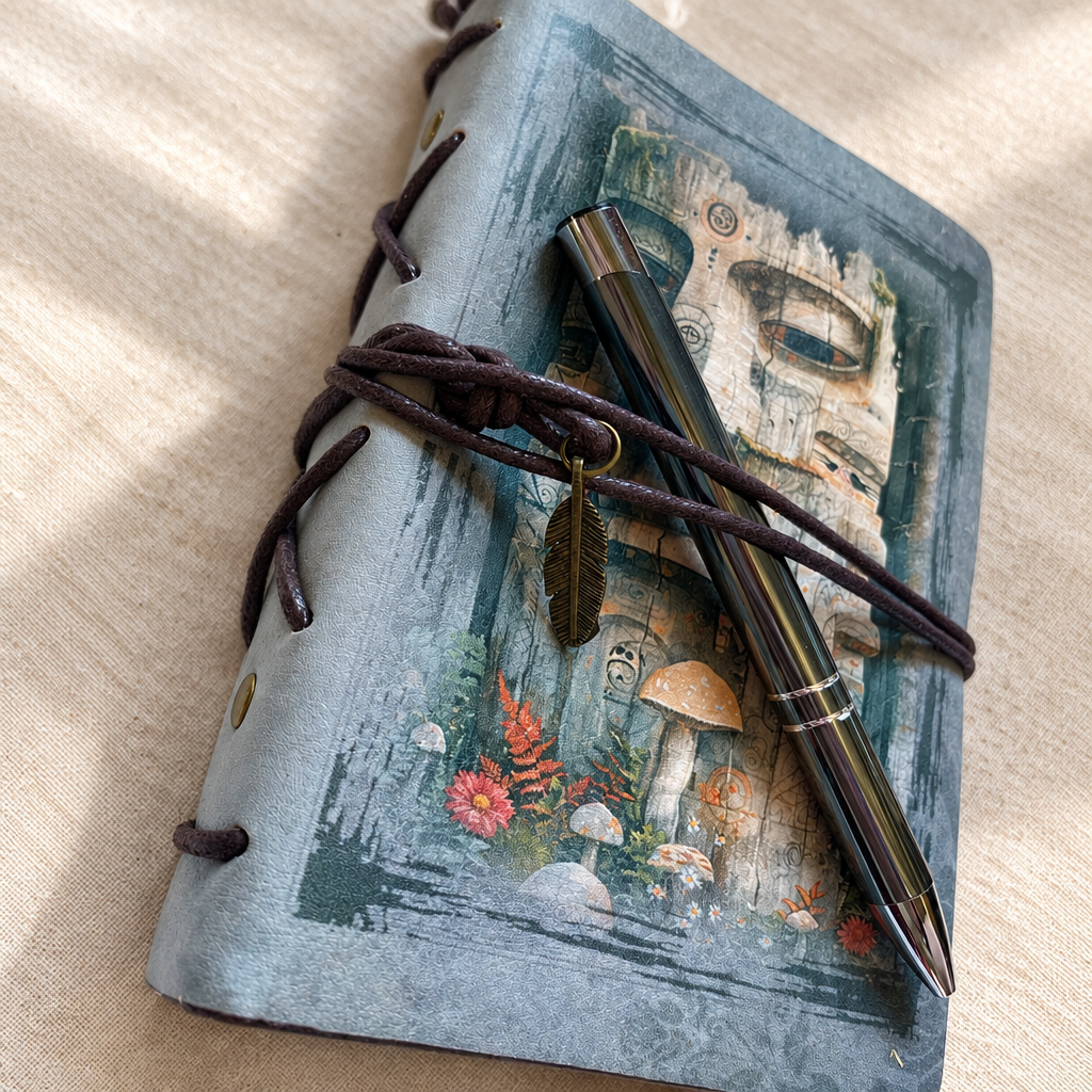 Angled view of blue-grey architectural floral wrap journal with included black pen on warm linen