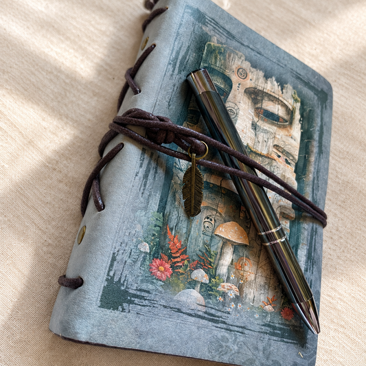 Angled view of blue-grey architectural floral wrap journal with included black pen on warm linen