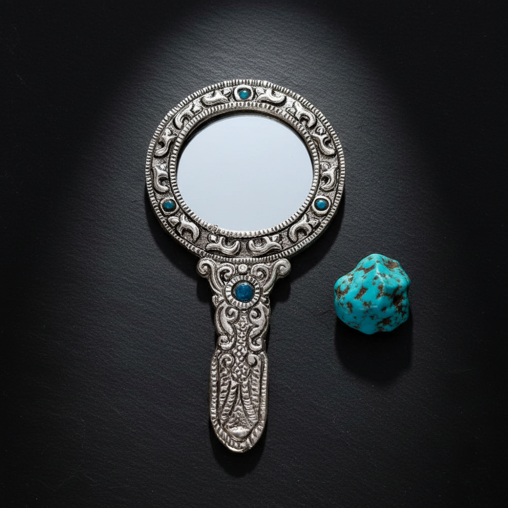Ornate Silver Filigree Hand Mirror Mockup - Flat Lay
