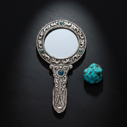 Ornate Silver Filigree Hand Mirror Mockup - Flat Lay
