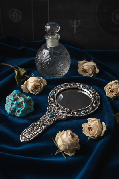 Ornate Silver Filigree Hand Mirror Mockup - Styled