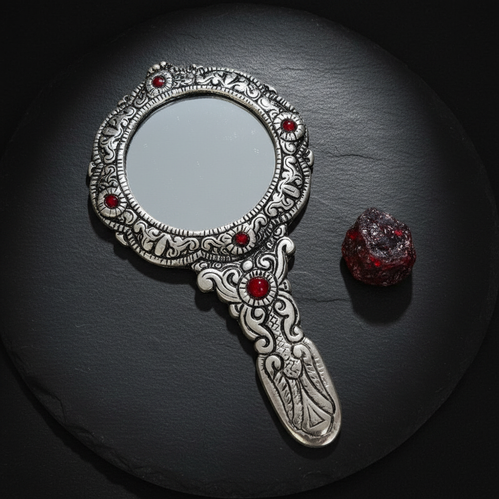 Ornate Silver Filigree Hand Mirror Red Cabochons - Flat Lay