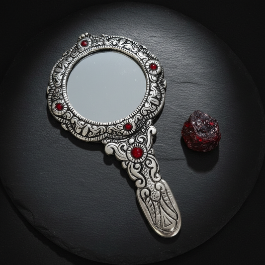 Ornate Silver Filigree Hand Mirror Red Cabochons - Flat Lay