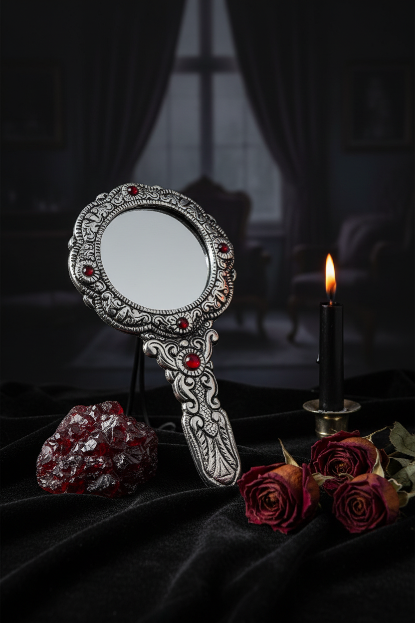 Ornate Silver Filigree Hand Mirror Red Cabochons - Styled