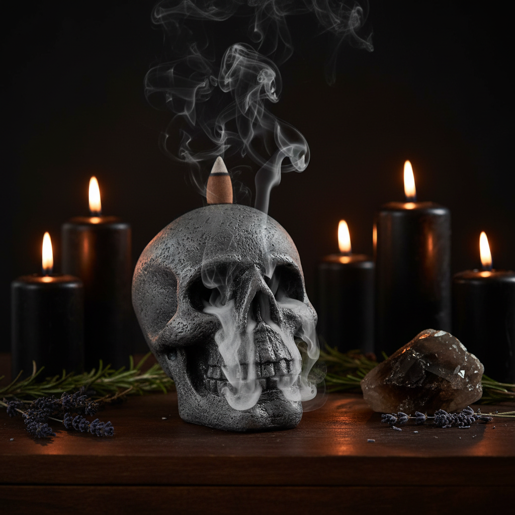 Skull Incense Cone Holder Mockup - Atmospheric